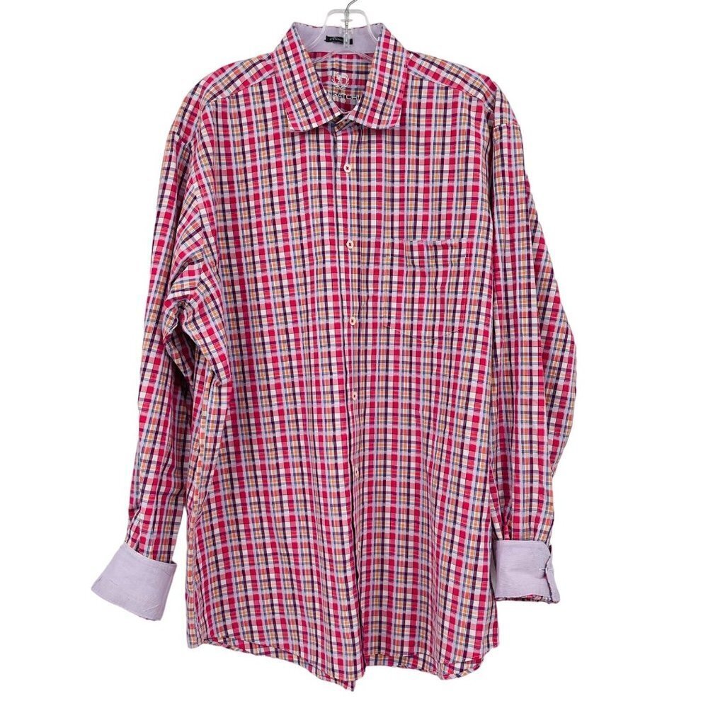 Bugatchi Mens Classic Fit Cotton Plaid Shirt Size XL Button Up Pink Multi Color